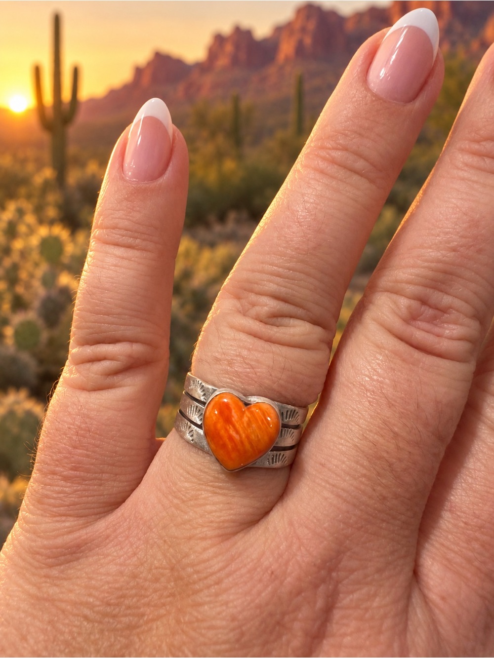 Sterling Silver Orange Heart Ring - Size 8